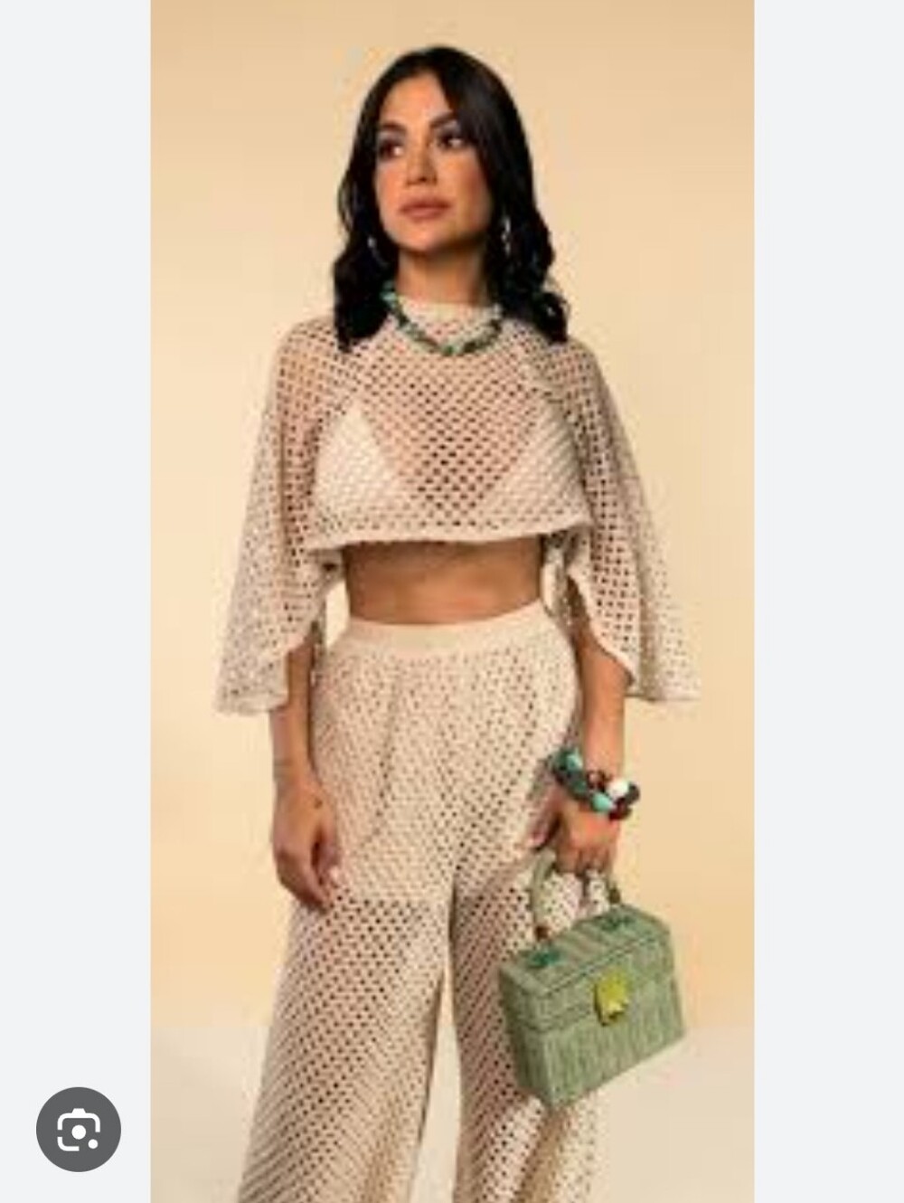 Beige Open-Knit Crop Top & Harem-Leg Pants Set
